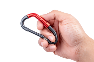  hand holding red carabiner isolated on white background