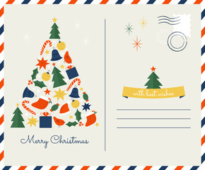 Flat Christmas Tree Illustration with Gifts and Decorations. Vintage Holiday Greeting Card Design