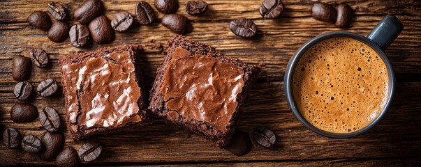 National brownie day with homemade chocolate idea. Rich coffee with brownies and coffee beans on a wooden table.
