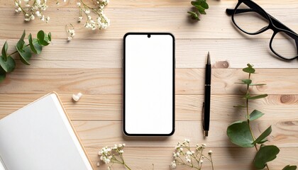 smartphone with blank screen lying flat on wooden desk with accessories (notebook, glasses, pen), soft top-down light