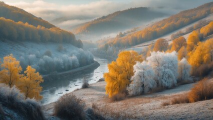 Autumn valley featuring yellow trees coated in white frost under morning sunlight. Autumn landscape with fog and river, providing empty space for text.