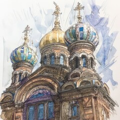 Fototapeta premium A Watercolor Sketch of an Ornate Church Under a Cloudy Sky