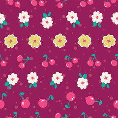 Florals and fruit repeat pattern design on purple background