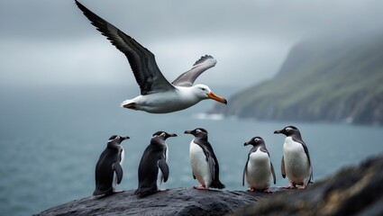 Obraz premium Albatross in flight above penguins sitting on rock