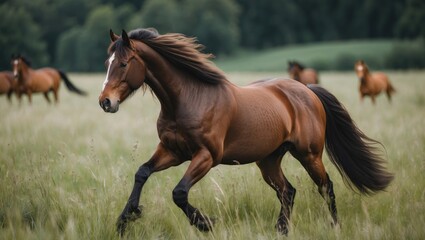 Obraz premium A brown bay horse with a long mane and tail running through a meadow filled with tall grass. Animal farm, horse breeds.
