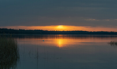 Golden sunset on Lake Seksty. Pisz. Masuria.