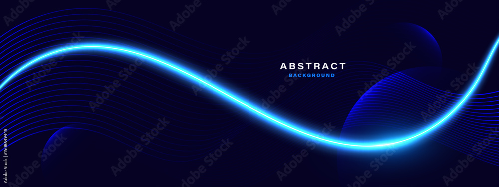 Poster futuristic abstract background with glowing blue wave on dark background