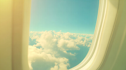 Peaceful sky and soft clouds viewed from inside an airplane through a passenger window during flight at high altitude