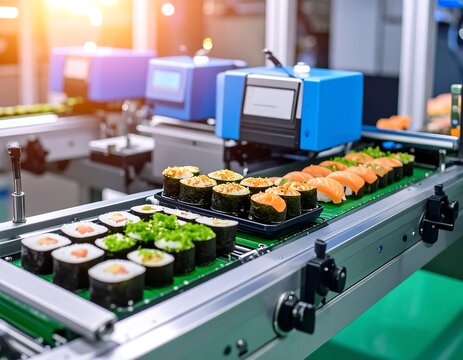 Automated sushi production line with various types of sushi on conveyor belts