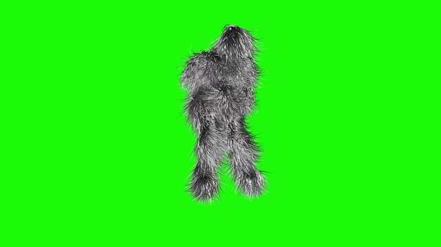 Black hairy cartoon character funny Dancing  , furry beast having fun, fluffy mascot looping animation, modern minimal seamless motion design, on a green background. 3D animation.