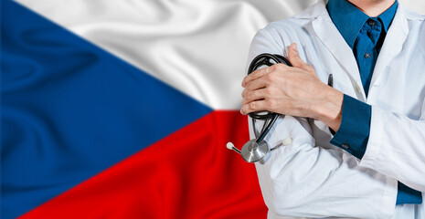 Doctor with stethoscope on Czech Republic flag. Doctor holding stethoscope on Czech Republic flag