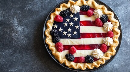 A pie with the American flag design made of blackberries and strawberries


