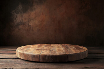 Round wooden podium on earthy background