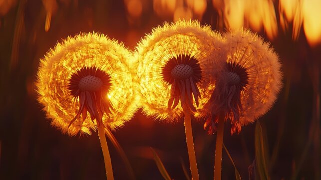 Golden dandelion seed heads at sunset in a field