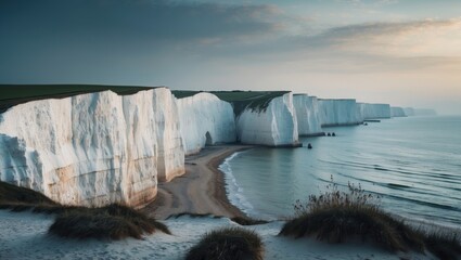 Picturesque panoramic landscape of white chalk cliffs along the coastline with beach and ocean view.