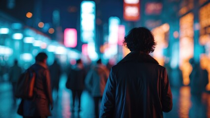 Blurred urban scene at night featuring commuters, with space available for text.