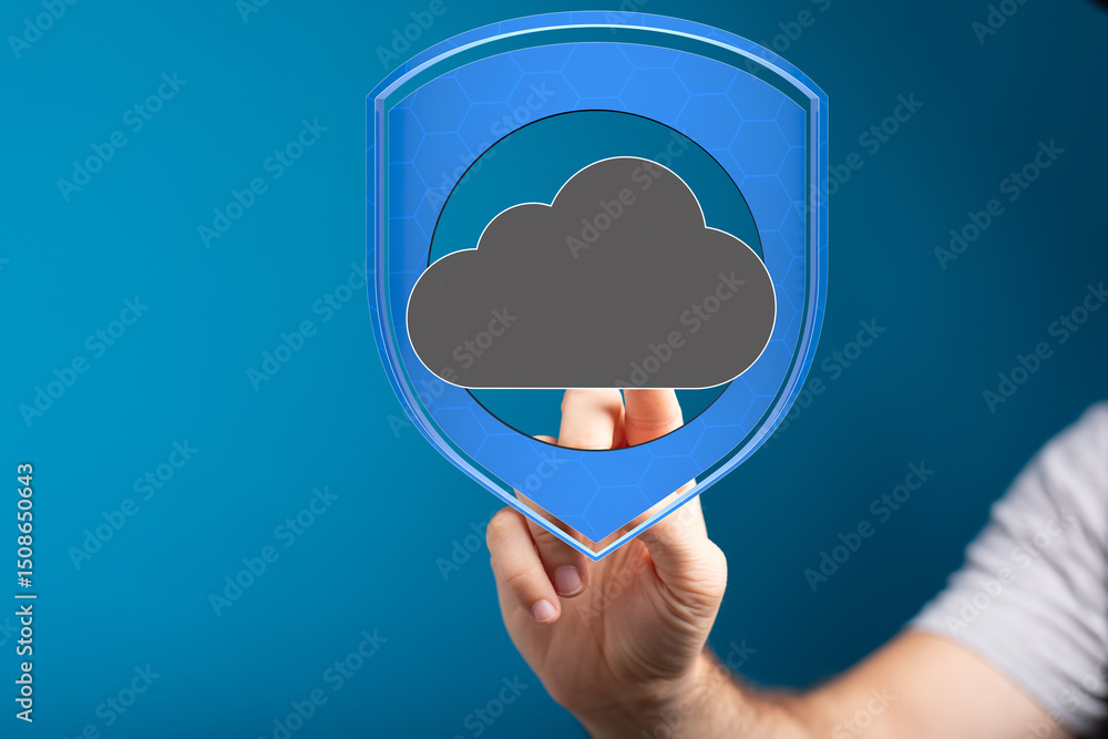 Poster Protecting your data in the cloud.  Cybersecurity, safety, and cloud storage solutions.