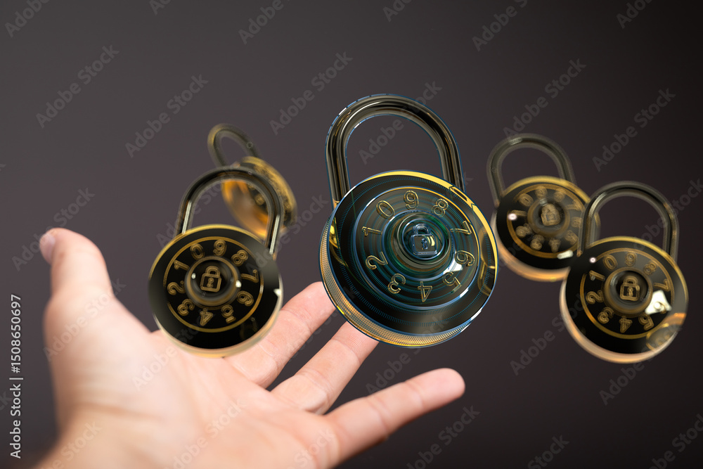 Poster Image of hand reaching for multiple digital combination locks, symbolizing data security and protection.