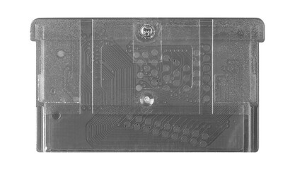 Old cartridge tape case on black background. Isolated game transparent mockup. Clean cover box...