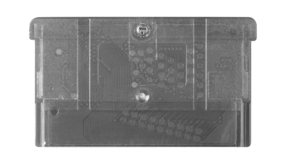 Old cartridge tape case on black background. Isolated game transparent mockup. Clean cover box template.