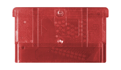 Old cartridge tape case on black background. Isolated game transparent mockup. Clean cover box...