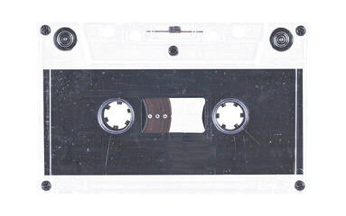 Old cassette tape case on black background. Isolated music transparent mockup. Clean cover box template.