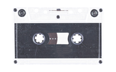 Old cassette tape case on black background. Isolated music transparent mockup. Clean cover box template.