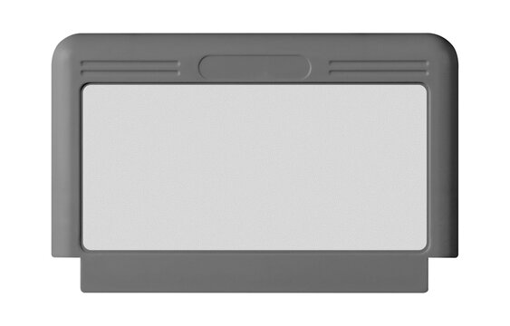 Old cartridge tape case on black background. Isolated game transparent mockup. Clean cover box template.