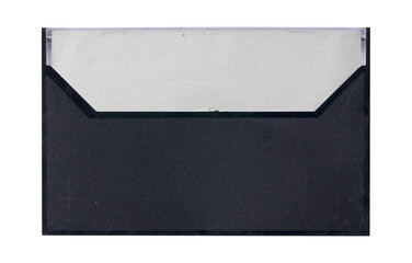 Old cassette tape case on black background. Isolated music transparent mockup. Clean cover box...