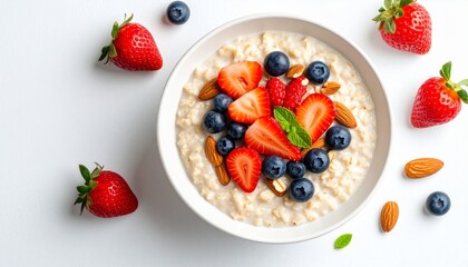  top-down view of a bowl of oatmeal with fresh strawberries, blueberries, and almonds, on a white surface, vibrant and clean look
