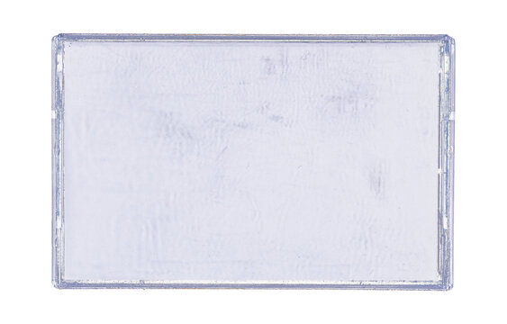 Old cassette tape case on black background. Isolated music transparent mockup. Clean cover box template.