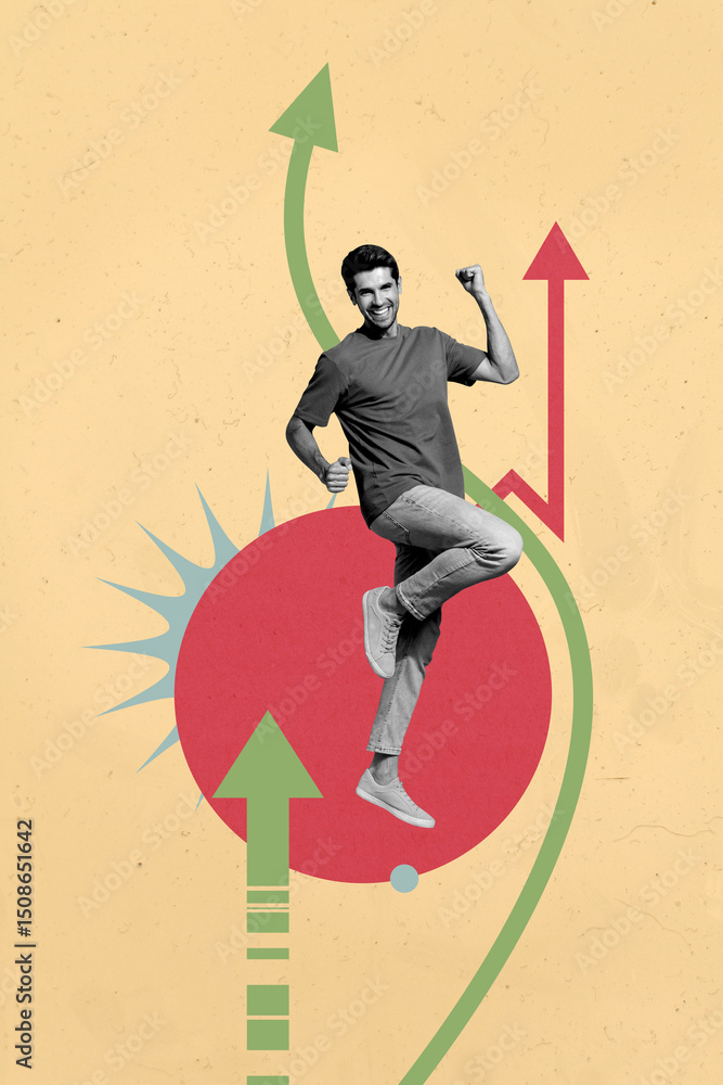Poster trend pop collage of person stand on round circle with arrows up on orange background