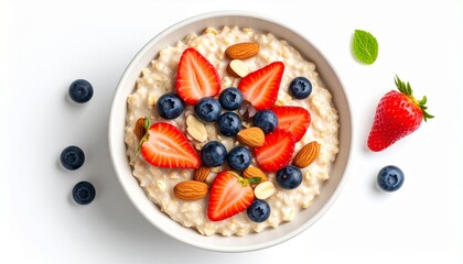  top-down view of a bowl of oatmeal with fresh strawberries, blueberries, and almonds, on a white surface, vibrant and clean look