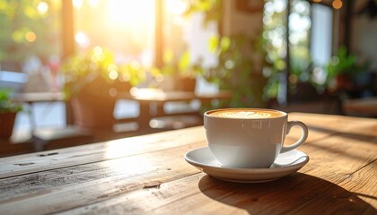 Fototapeta premium hot cappuccino in a white ceramic cup on a rustic wooden table, minimalist background, natural lighting from side window