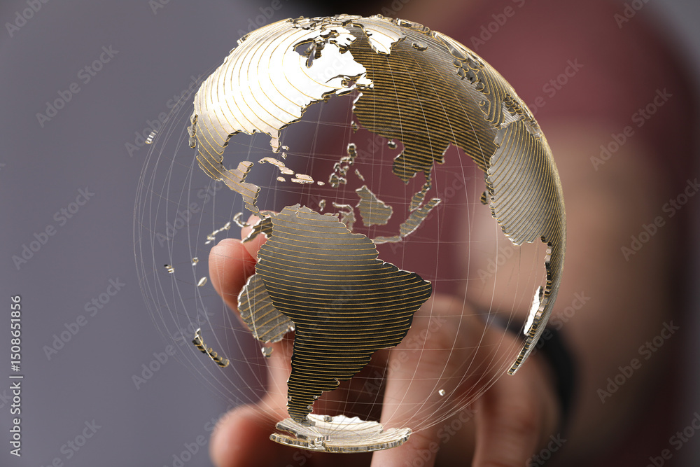 Fototapete Abstract image of a hand interacting with a 3D model of the Earth, representing global connectivity and networking.