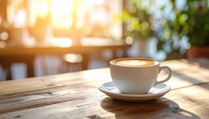 Fototapeta premium hot cappuccino in a white ceramic cup on a rustic wooden table, minimalist background, natural lighting from side window