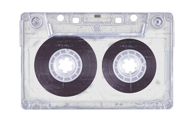 Old cassette tape case on black background. Isolated music transparent mockup. Clean cover box template.