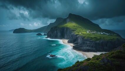 Obraz premium A tip of the island, the home of the descendants of the Mutiny on the Bounty, juts out to sea.