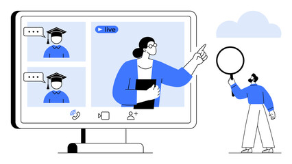 Teacher presenting in video conference, live streaming with graduating students, interactive features, and participant. Ideal for e-learning, communication, education, tutorial, webinar digital