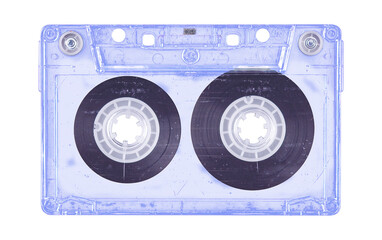 Old cassette tape case on black background. Isolated music transparent mockup. Clean cover box...