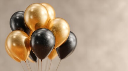 Bunch of gold and black balloons against a neutral background.