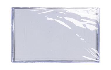 Old cassette tape case on black background. Isolated music transparent mockup. Clean cover box...