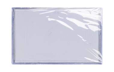 Old cassette tape case on black background. Isolated music transparent mockup. Clean cover box template.