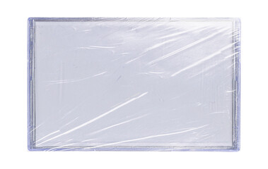 Old cassette tape case on black background. Isolated music transparent mockup. Clean cover box...