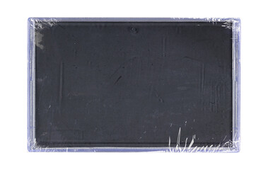 Old cassette tape case on black background. Isolated music transparent mockup. Clean cover box template.