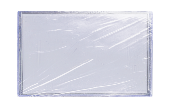 Old cassette tape case on black background. Isolated music transparent mockup. Clean cover box template.