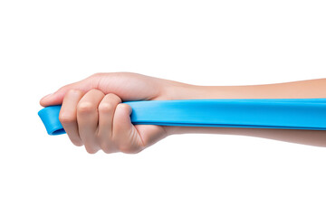 hand gripping blue resistance band isolated on white background