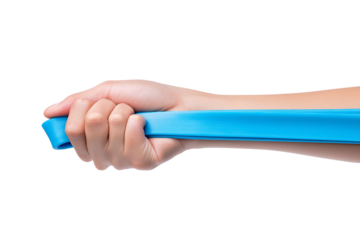 hand gripping blue resistance band isolated on white background