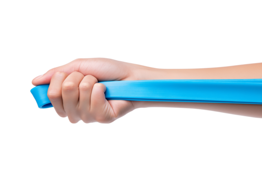 hand gripping blue resistance band isolated on white background