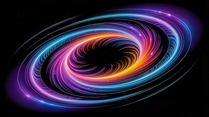 Swirling vibrant light trails create an abstract tunnel effect on the black background